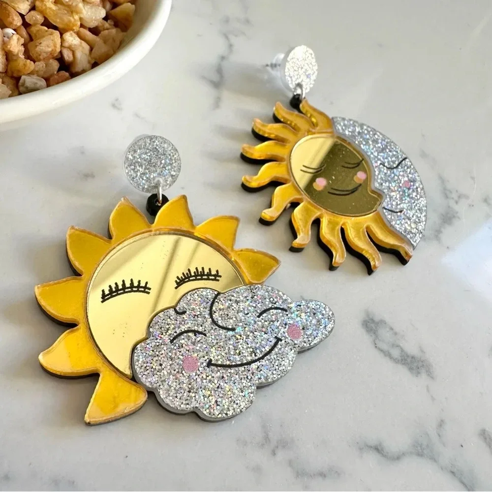 2/$30🌵 Sun & Moon Earrings Mirrored Acrylic Large Pop Art Celestial Glitter NEW